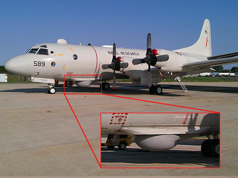 Image of the P-3 aircraft with a square drawn around the ku-band belly radome to highlight its location. There is an insert image with a close up of the radome.